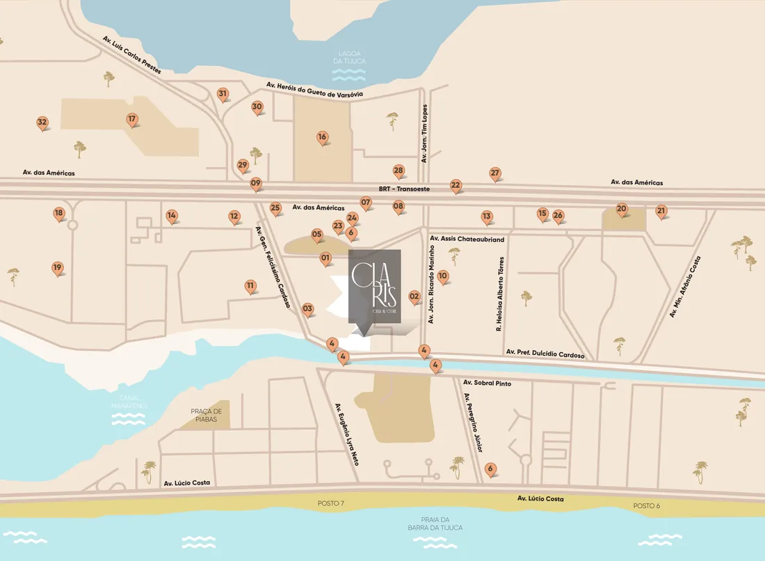 Mapa do entorno do Claris Casa & Clube no Parque das Rosas, entre a Avenida das Américas, o Canal de Marapendi e a Praia da Barra