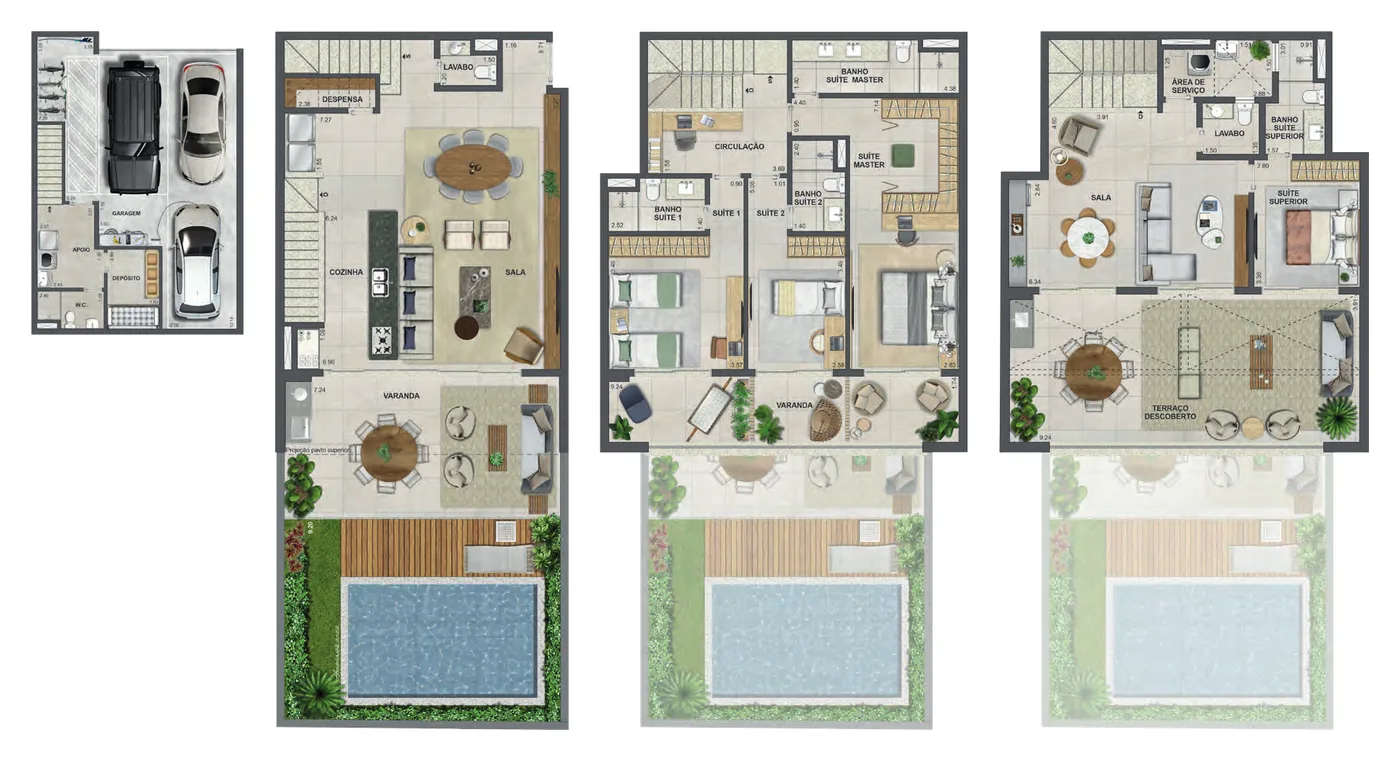 Plantas dos quatro níveis da casa Azaleia Casa 6 do Claris Casa & Clube, com 416,56 m², garagem para 3 carros, suítes e terraço descoberto