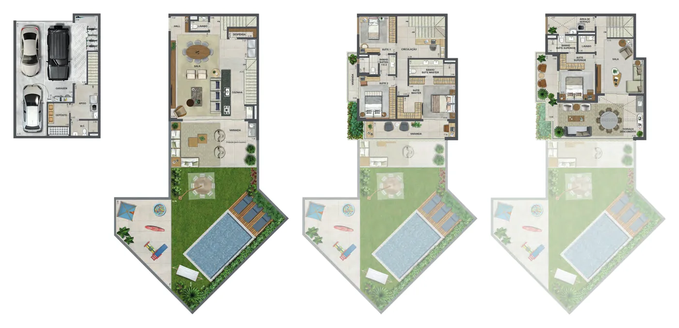 Plantas dos quatro níveis da casa Hibisco Casa 2 do Claris Casa & Clube, com 465,97 m², garagem, garden com piscina, suítes e terraço