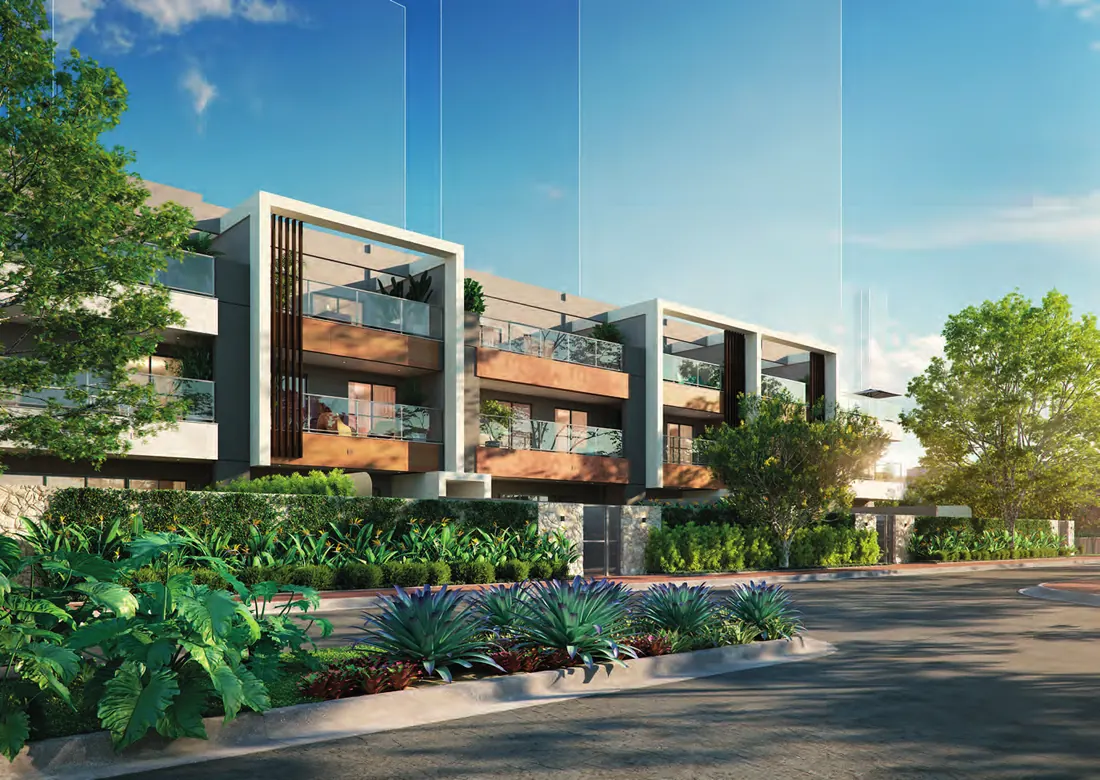 Fachadas das casas do Claris Casa & Clube com varandas, painéis amadeirados e paisagismo tropical